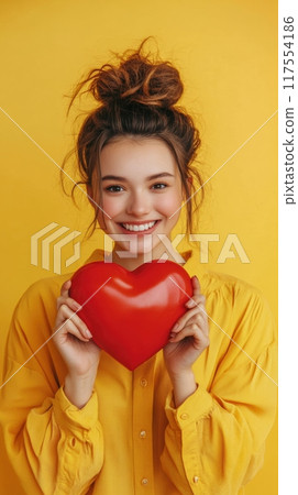 A woman in yellow shirt holding a red heart over her head, AI 117554186