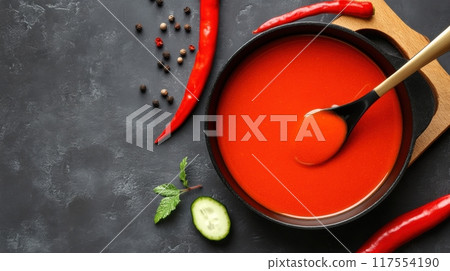 A bowl of red sauce or soup with a spoon and some peppers, AI 117554190