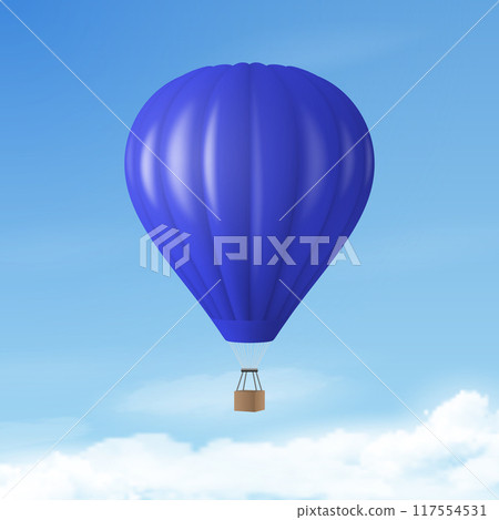 Vector Travel Banner with 3d Realistic Hot Air Balloon Icon on a Blue Sky Background. Design Template, Summer Vacation, Travelling, Tourism and Journey Concept 117554531