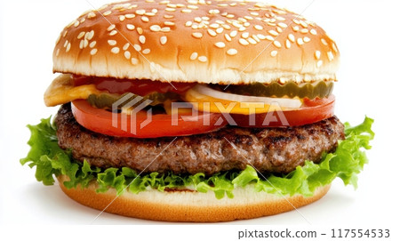 A hamburger with lettuce, tomato and cheese on a white table, AI 117554533