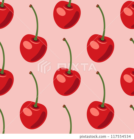 Vector Seamless Pattern with Adorable Cherry on Pink Background. Cute Cherries for Valentine s Day, Love, Romance Concept 117554534