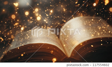 A book with a golden glow and sparks flying out of it, AI 117554602