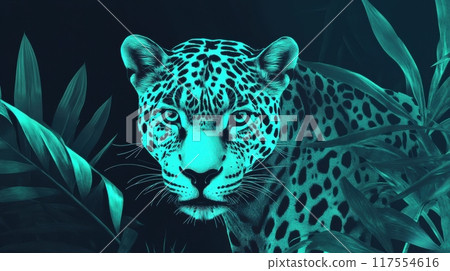 A leopard is shown in a dark green glow with leaves, AI 117554616