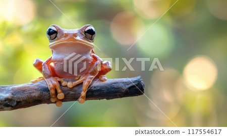 A small frog sitting on a branch with its eyes open, AI 117554617