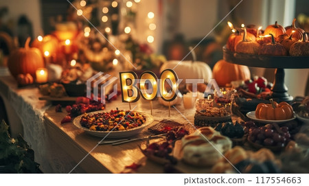 A table with a lot of food on it and the word boo, AI 117554663