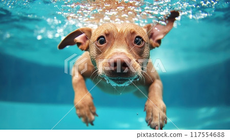 A dog swimming in a pool with his head above water, AI 117554688