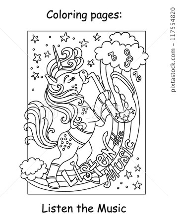 Cute unicorn playing saxophone kids coloring vector illustration 117554820