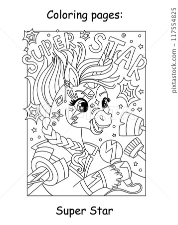 Cute rock music unicorn children coloring vector illustration 117554825