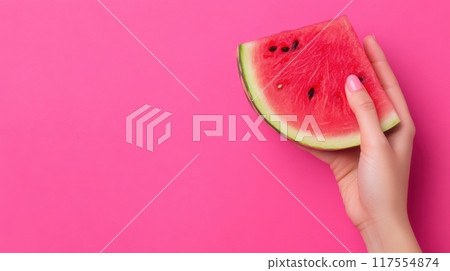 A hand holding a slice of watermelon on pink background, AI A hand holding a slice of watermelon on pink background, AI 117554874