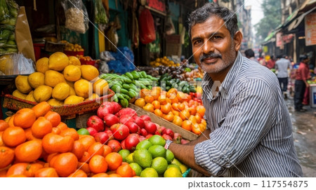 A man standing in front of a display full of fruit, AI A man standing in front of a display full of fruit, AI 117554875