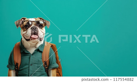 A dog wearing sunglasses and a backpack standing on the ground, AI A dog wearing sunglasses and a backpack standing on the ground, AI 117554882