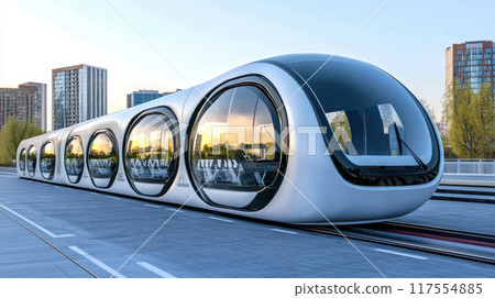 A futuristic train that is on the tracks with a city in view, AI 117554885