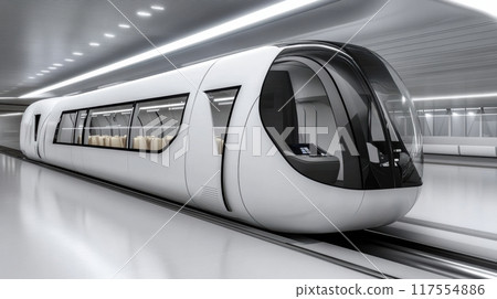 A futuristic train that is in a tunnel with people on it, AI 117554886