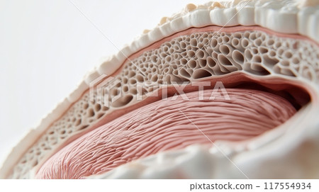 A close up of a model of the human body with pink and white tissue, AI 117554934