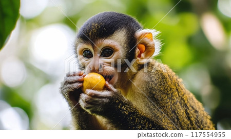 A small monkey eating an orange in the forest, AI 117554955