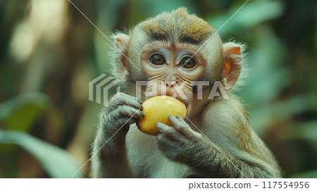 A small monkey eating a piece of fruit in the jungle, AI 117554956