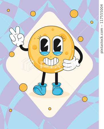 Cartoon moon character with big eyes and peace sign Vector Cartoon moon character with big eyes and peace sign Vector 117555004