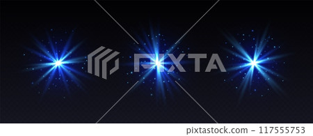 Blue lens flare, shiny star effect, glowing spark, magic twinkle, abstract galaxy gleam isolated on dark background. 117555753