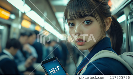 High school girl asking for help on crowded train 117555756