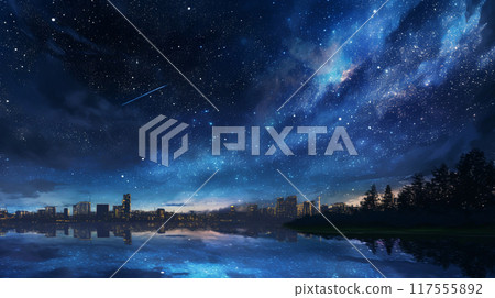 City, river and Milky Way landscape City, river and Milky Way landscape 117555892