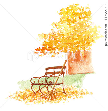 秋天的長椅和樹 117555998