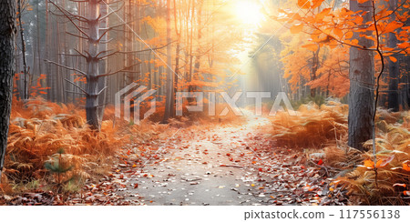 A picturesque path winds through an autumnal forest, bathed in the warm glow of the setting sun 117556138