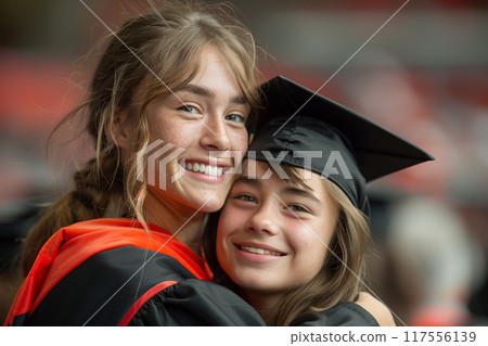Two women in academic cap and gown standing together during a graduation ceremony 117556139