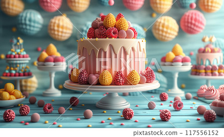 A colorful cake stands out among a variety of desserts at a graduation party, illustration 117556152