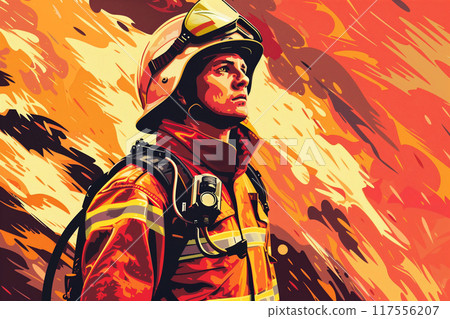A painting depicting a fireman wearing a helmet, symbolizing International Firefighters Day 117556207