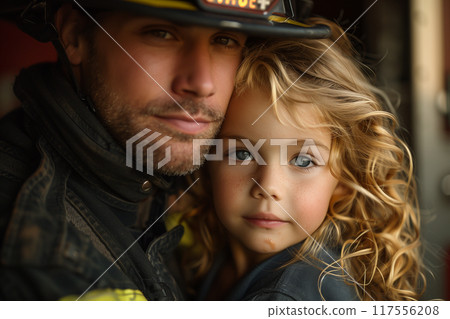 A firefighter father and a his daughter, International Firefighters Day, Fathers day 117556208