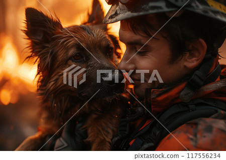 The firefighter rescues a dog, holds it in his arms, International Firefighters Day 117556234