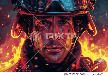 A man in firefighter gear stands in front of a blazing fire, International Firefighters day 117556245