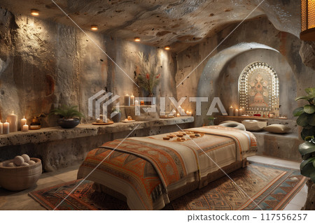 A room with a bed and candles illuminated inside, massage room 117556257