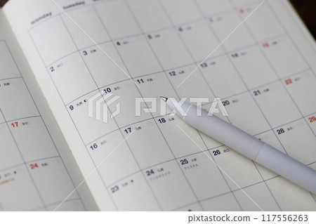 Dates in the schedule book, notebook and ballpoint pen 117556263