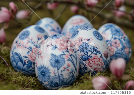 Three blue and pink painted by blue pen eggs rest on a mossy ground, creating a simple and natural scene Easter 117556316