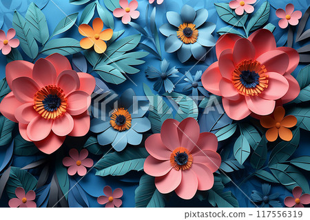 Detailed view of paper flowers arranged on a vibrant blue backdrop Easter, Mothers day, International Woman day, Spring Detailed view of paper flowers arranged on a vibrant blue backdrop Easter, Mothers day, International Woman day, Spring 117556319