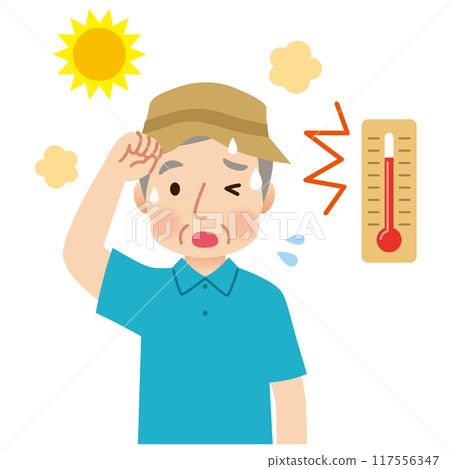 Elderly man sweating outdoors in high temperatures - heatstroke Elderly man sweating outdoors in high temperatures - heatstroke 117556347