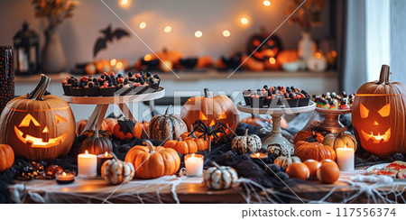 A table set for Halloween with Jack OLantern pumpkins, treats, and decorations 117556374