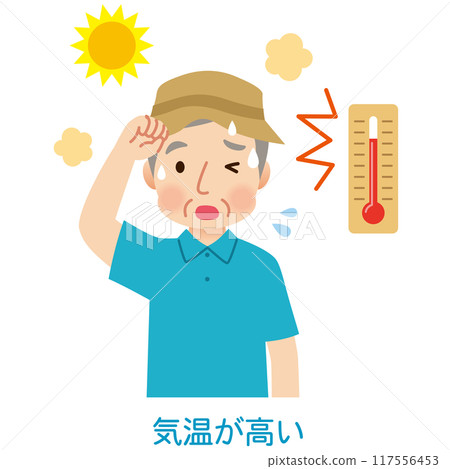老人在高溫下戶外出汗,中暑 老人在高溫下戶外出汗,中暑 117556453