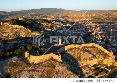 Drone view of ruined Mocha tower on hilltop with fortified walls in Calatayud Drone view of ruined Mocha tower on hilltop with fortified walls in Calatayud 117556478