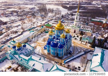 Aerial view of the Nativity-Bogoroditsky monastery surrounded by residential buildings in Zadonsk 117556493