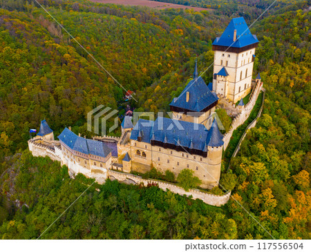 View of medieval castle Karlstejn Castle. Czech Republic View of medieval castle Karlstejn Castle. Czech Republic 117556504