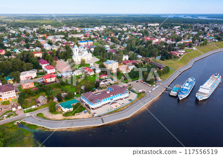 Summer view from drone of Myshkin town on bank of Volga, Russia 117556519
