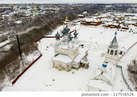Flight over the Resurrection Monastery in city of Murom. Russia Flight over the Resurrection Monastery in city of Murom. Russia 117556526