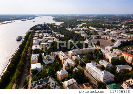 View from drone on river Volga and Yaroslavl, Russia 117556528