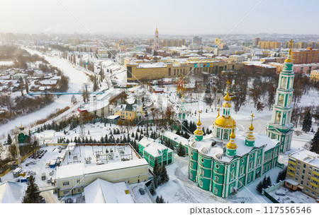 View from drone of Tambov Transfiguration Cathedral on winter day View from drone of Tambov Transfiguration Cathedral on winter day 117556546