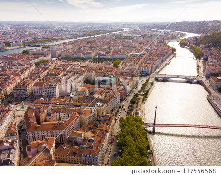 Aerial view of Lyon and rivers Rhone and Saone 117556568