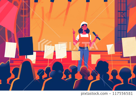 A woman in a hard hat stands on a stage, giving a speech to a crowd 117556581