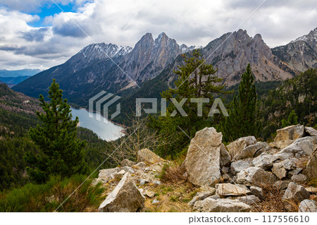 Top view of Els Encantats flowed in canyon in Estany de Sant Maurici in Espot in Spain 117556610