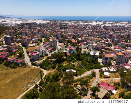 Aerial cityscape of Turkey city Anamur on mediterranean sea shore Aerial cityscape of Turkey city Anamur on mediterranean sea shore 117556617